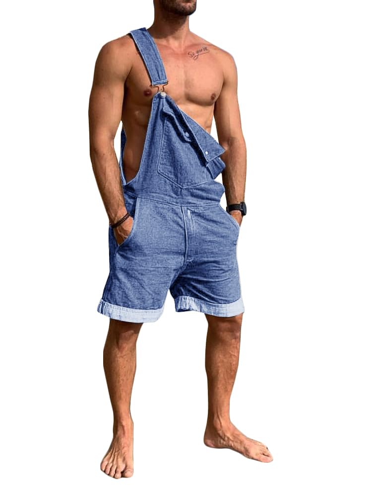 Karlywindow Mens Denim Bib Overall Shorts Loose Fit Summer Walk Shorts Above Knee Length Shortalls Jumpsuit Rompers - Image 1